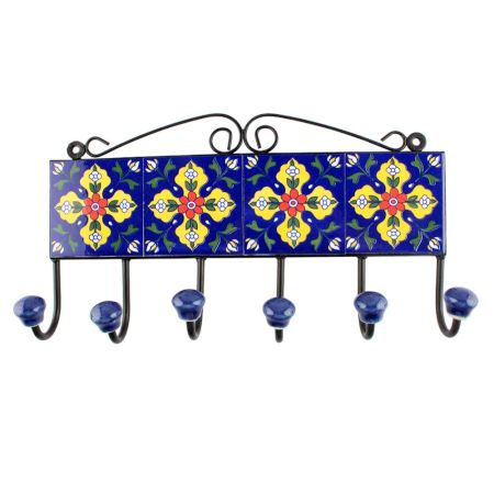 Navy Blue With Yellow Leaf Ceramic Floral Tiles Hook 